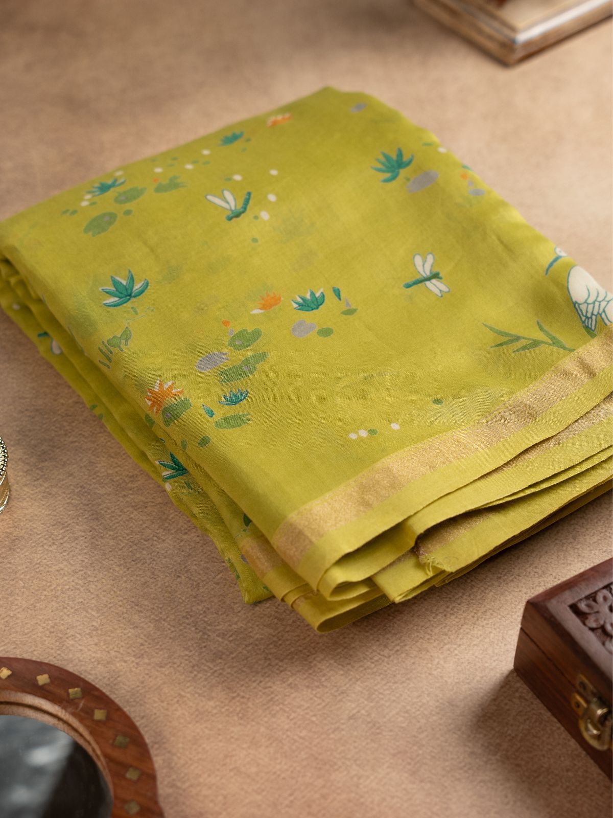 Chanderi Cotton Saree in Green with White Bird Motifs and Floral Prints