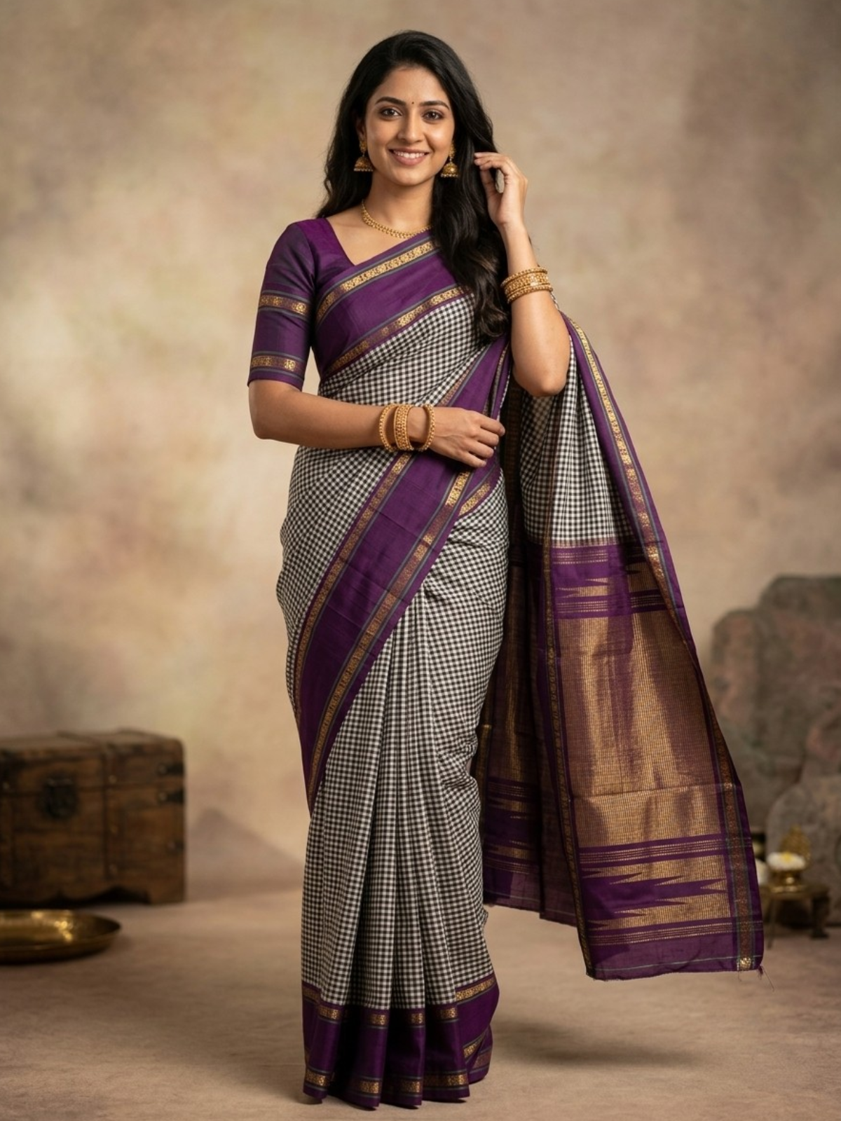 Pure Kanchipuram Saree in Royal Purple with Black and White Checks and Golden Zari Stripes