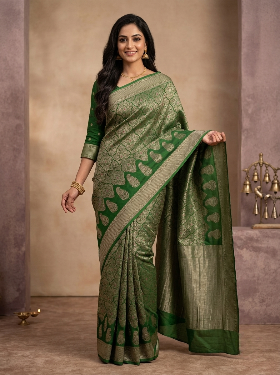 Georgette Banarasi Saree in Light Green with Silver Brocade and Traditional Green Border