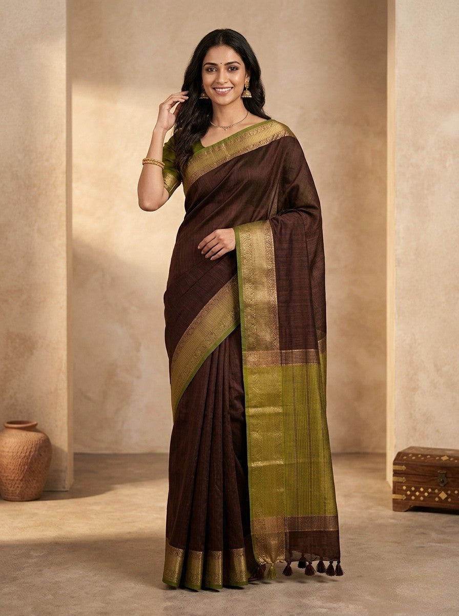 Semi-Jute Saree in Green and Brown with Antique Gold Accents and Tassel Pallu