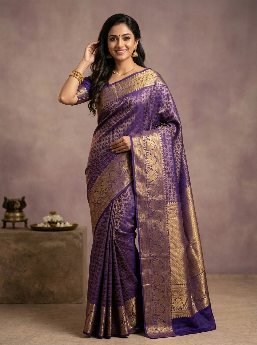 Pure Kanchipuram Saree in Royal Purple with Golden Rudraksha Motifs and Peacock Zari Border