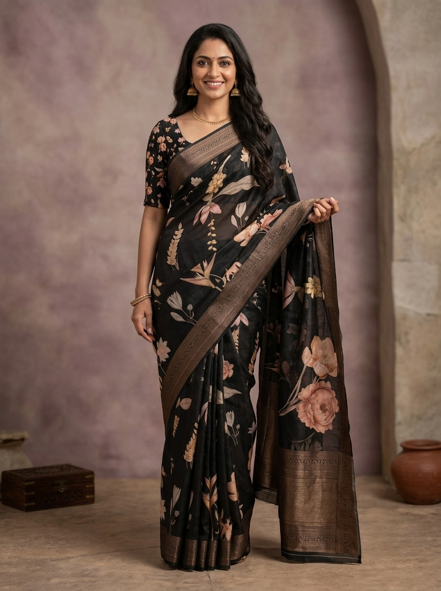 Chanderi Cotton Saree in Black with Multicolour Floral Prints and Copper-Toned Traditional Border