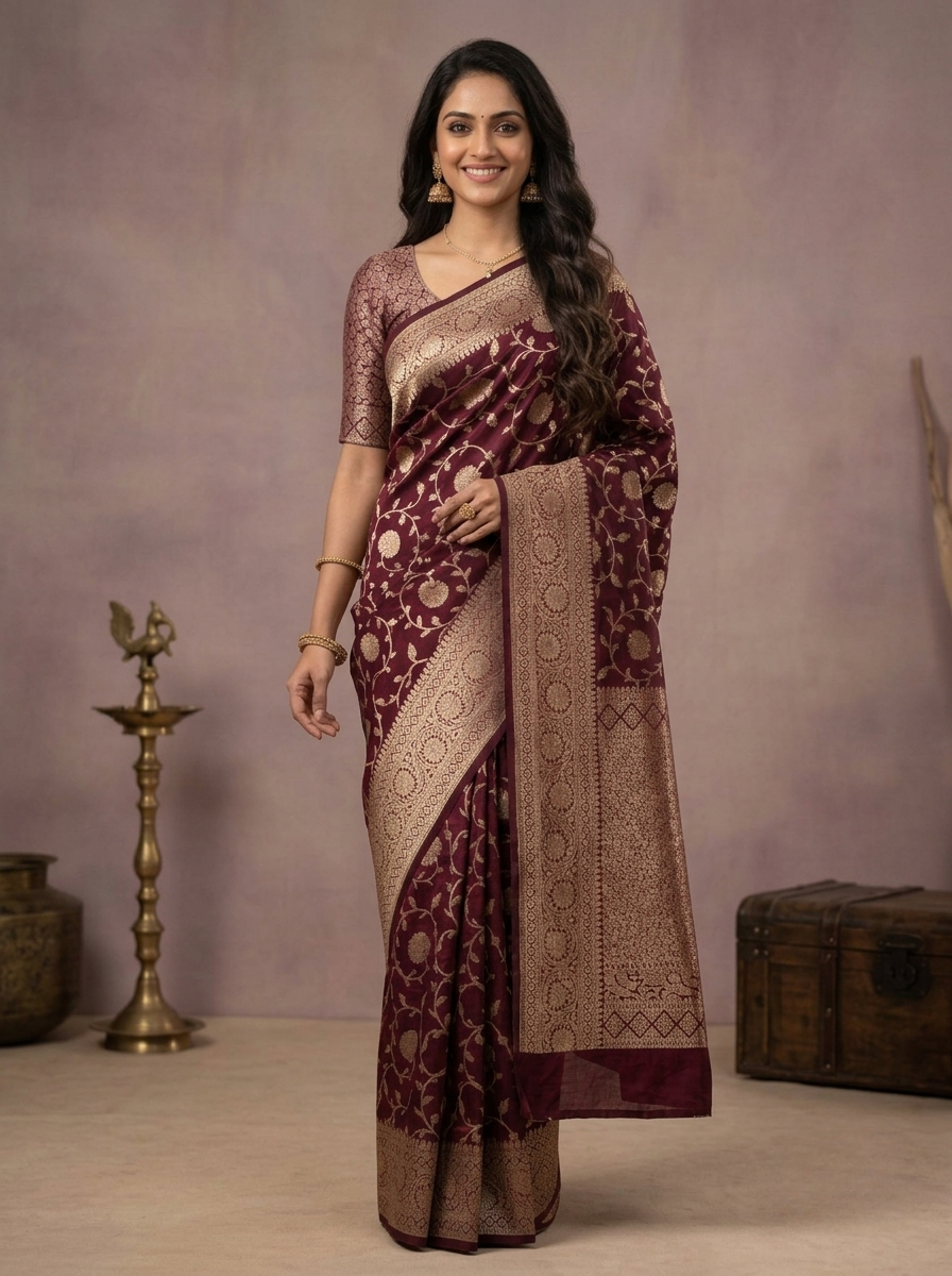 Semi Banarasi Silk Saree in Grape with Golden Floral Brocade and Traditional Zari Border