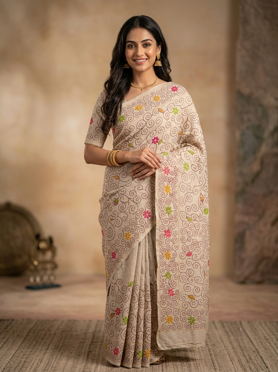 Pure Tussar Saree in Beige with Multicolour Floral Buttas and Kantha Stitch Detailing