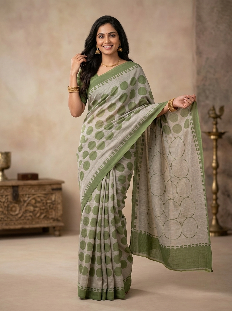 Chanderi Cotton Saree in Green and White with Circle Prints and Striped Border