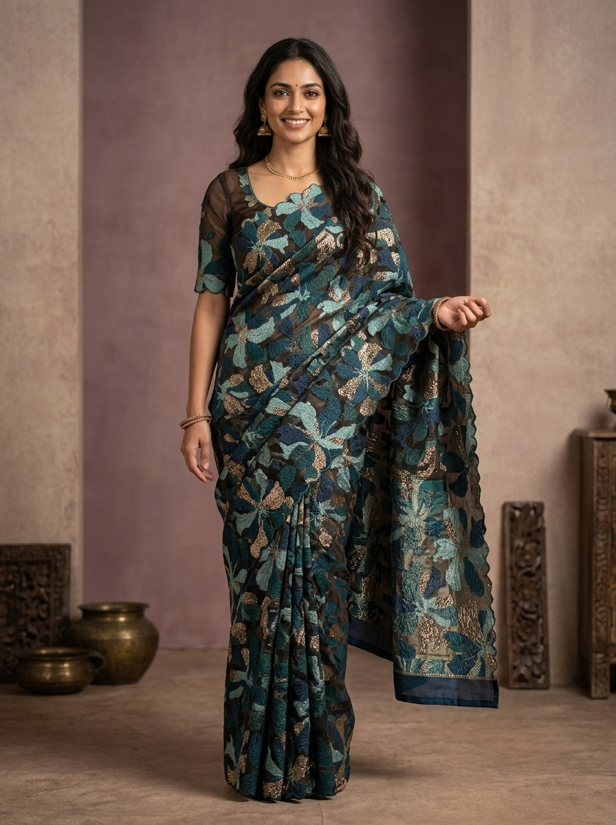 Turkish Organza Saree in Teal and Navy Blue with Metallic Floral Appliqué and Scalloped Edges