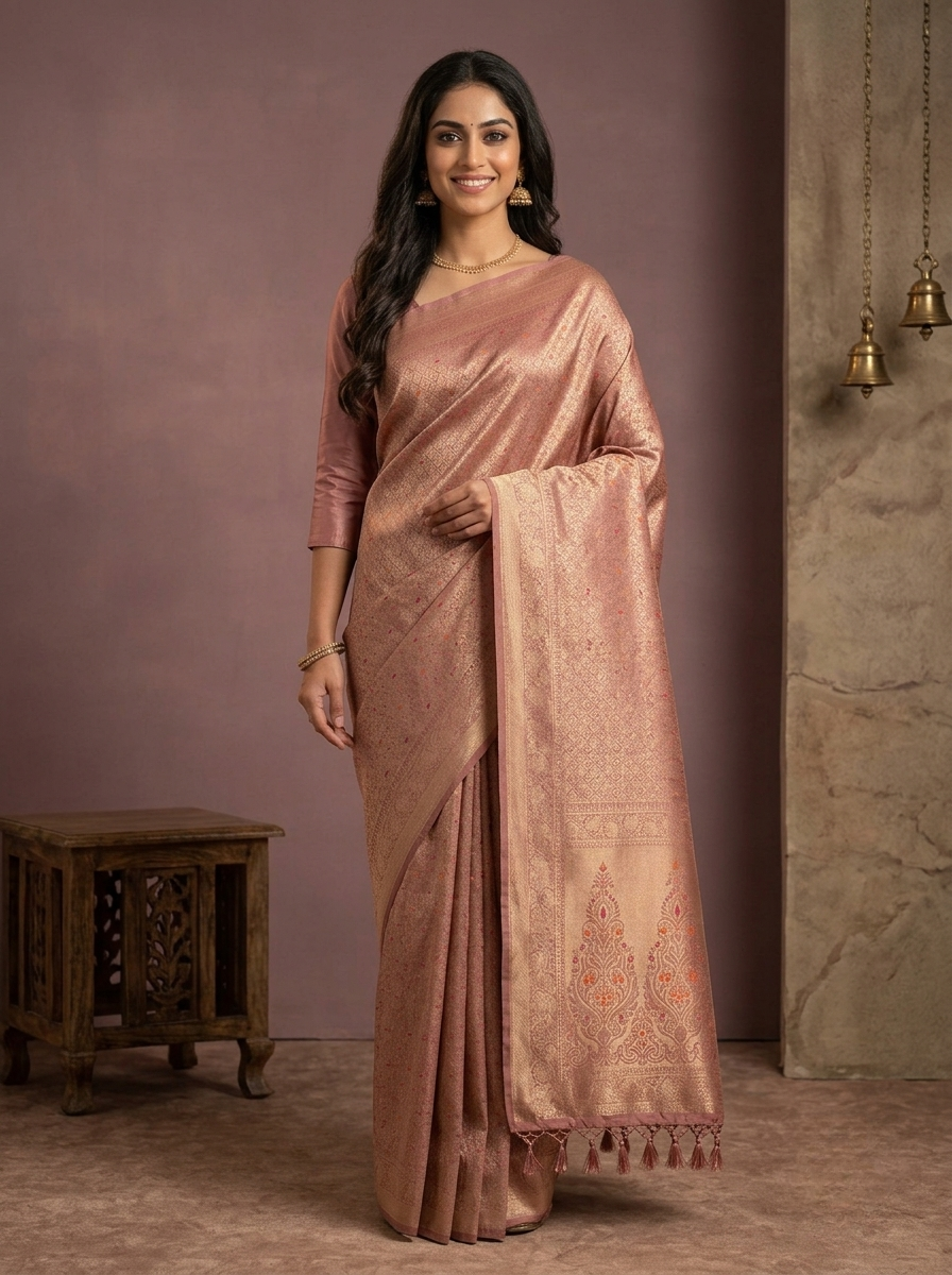 Semi Banarasi Silk Saree in Peach with Silver Thread Brocade and Traditional Border