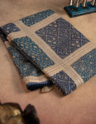 Pure Tussar Saree in Beige and Navy Blue with Geometric Prints and Kantha Stitch Detailing
