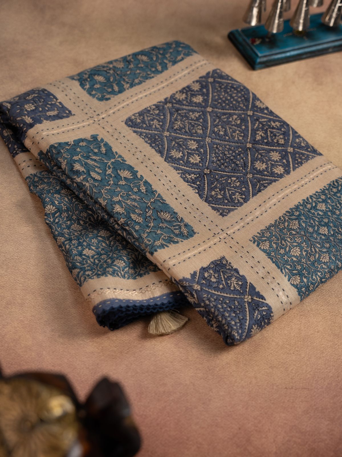 Pure Tussar Saree in Beige and Navy Blue with Geometric Prints and Kantha Stitch Detailing