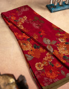 Crepe Silk Saree in Red with Multicolour Floral Prints and Olive Contrast Piping