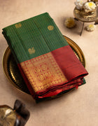 Pure Kanchipuram Saree in Forest Green and Maroon with Golden Zari Checks and Traditional Box Border