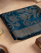 Semi-Jute Saree in Blue with Floral Sequin Embellishments and Linear Threadwork