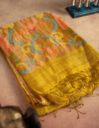 Jute Silk Saree in Yellow with Multicolour Abstract Motifs and Tasselled Pallu