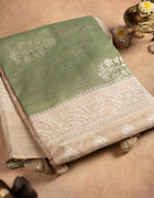 Tissue Tussar Saree in Green and Beige with Intricate Floral Butta Embroidery