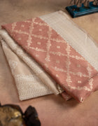 Tissue Tussar Saree in Dusty Rose and Beige with Intricate Zari Weaving