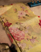 Pure Linen Saree in Pastel Green with Multicolour Floral Prints and Plain Border