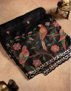 Pure Tussar Saree in Black with Multicolour Parrot Embroidery and Scalloped Floral Border