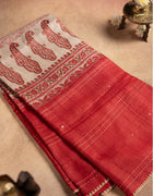 Pure Tussar Saree in Cream and Coral Red with Paisley Prints and Kantha Stitch Detailing