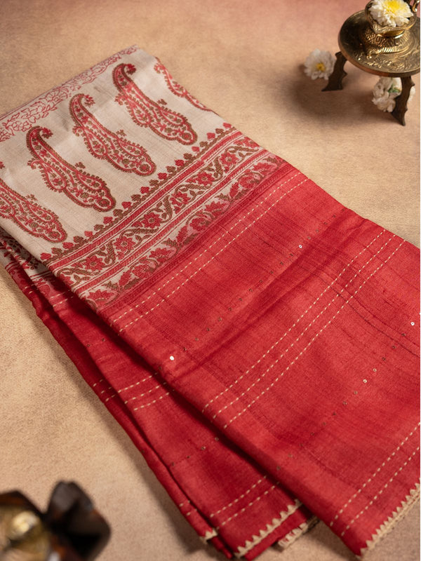 Pure Tussar Saree in Cream and Coral Red with Paisley Prints and Kantha Stitch Detailing