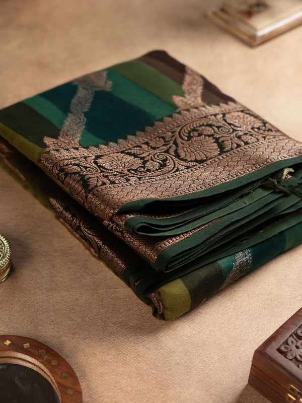 Chanderi Cotton Saree in Multicolour with Golden Thread Motifs and Traditional Copper Border