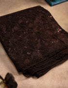 Organza Saree in Dark Brown with Intricate Floral Cutwork and Sequin Embellishments