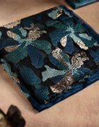Turkish Organza Saree in Teal and Navy Blue with Metallic Floral Appliqué and Scalloped Edges