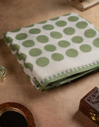 Chanderi Cotton Saree in Green and White with Circle Prints and Striped Border