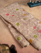 Pure Tussar Saree in Beige with Multicolour Floral Buttas and Kantha Stitch Detailing