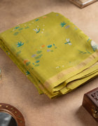 Chanderi Cotton Saree in Green with White Bird Motifs and Floral Prints