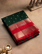 Semi Banarasi Silk Saree in Emerald Green with Silver Butta Motifs and Red Contrast Zari Border