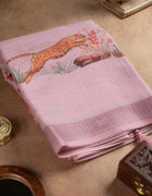 Linen Jute Saree in Soft Pink with Multicolour Animal Prints and Silver Thread Border