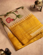 Jute Tussar Saree in Cream and Yellow with Floral Prints and Temple Border