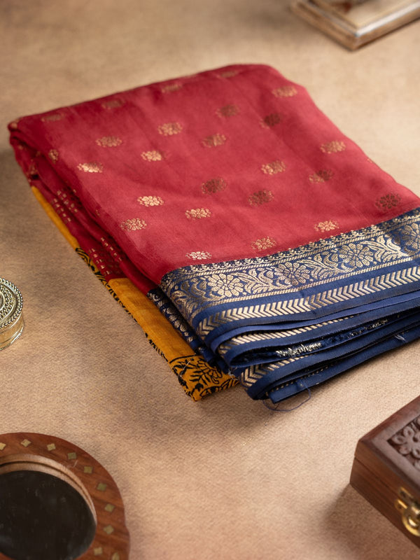 Chanderi Silk Saree in Pink and Yellow with Golden Butta Motifs and Striped Pallu