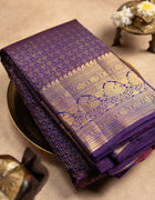 Pure Kanchipuram Saree in Royal Purple with Golden Rudraksha Motifs and Peacock Zari Border