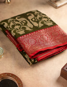 Chanderi Cotton Saree in Green with Peacock Prints and Red Border