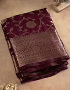 Semi Banarasi Silk Saree in Grape with Golden Floral Brocade and Traditional Zari Border
