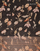 Chanderi Cotton Saree in Black with Multicolour Floral Prints and Copper-Toned Traditional Border