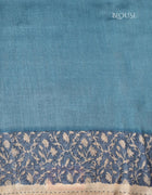 Pure Tussar Saree in Beige and Navy Blue with Geometric Prints and Kantha Stitch Detailing