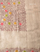 Pure Tussar Saree in Beige with Multicolour Floral Buttas and Kantha Stitch Detailing