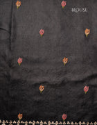 Pure Tussar Saree in Black with Multicolour Parrot Embroidery and Scalloped Floral Border