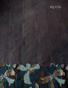 Turkish Organza Saree in Teal and Navy Blue with Metallic Floral Appliqué and Scalloped Edges