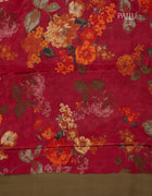 Crepe Silk Saree in Red with Multicolour Floral Prints and Olive Contrast Piping