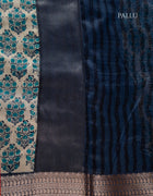Chanderi Cotton Saree in Beige with Turquoise Blue Floral Prints and Navy Blue Border