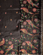 Pure Tussar Saree in Black with Multicolour Parrot Embroidery and Scalloped Floral Border