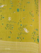 Chanderi Cotton Saree in Green with White Bird Motifs and Floral Prints