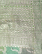 Banarasi Tussar Saree in Pastel Green with Multicolour Rangat Patterns and Silver Thread Border