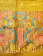 Jute Silk Saree in Yellow with Multicolour Abstract Motifs and Tasselled Pallu