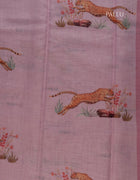 Linen Jute Saree in Soft Pink with Multicolour Animal Prints and Silver Thread Border