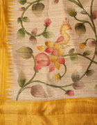 Jute Tussar Saree in Cream and Yellow with Floral Prints and Temple Border
