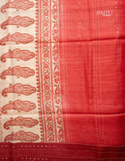 Pure Tussar Saree in Cream and Coral Red with Paisley Prints and Kantha Stitch Detailing